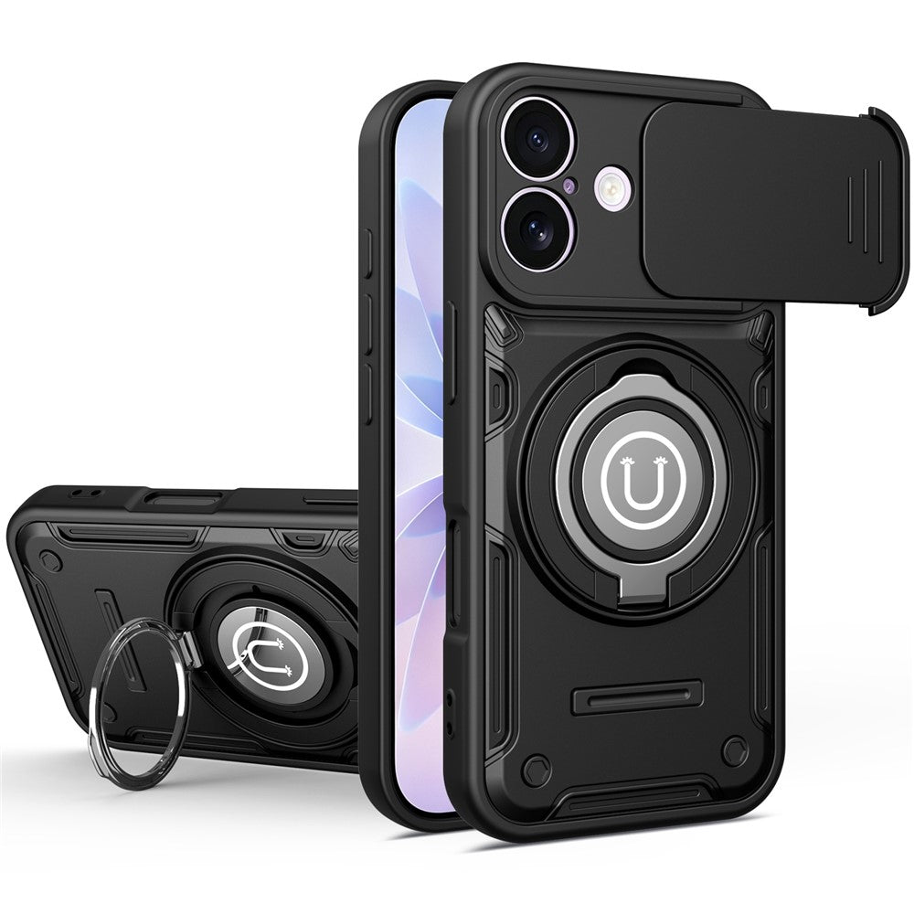 For iPhone 16 Case with Slide Camera Cover Ring Kickstand PC + TPU Phone Shell