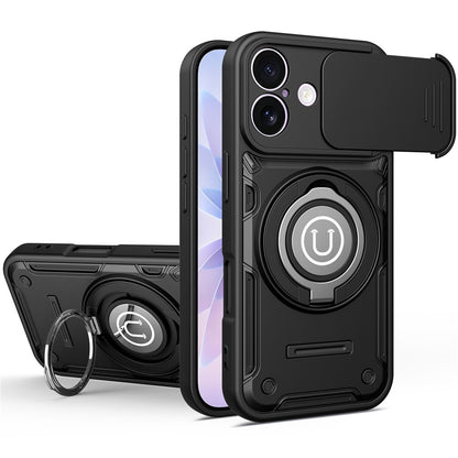 For iPhone 16 Case with Slide Camera Cover Ring Kickstand PC + TPU Phone Shell