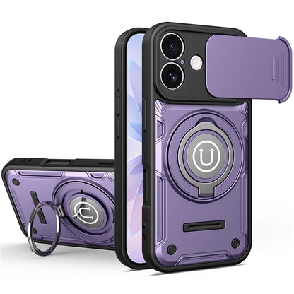 For iPhone 16 Case with Slide Camera Cover Ring Kickstand PC + TPU Phone Shell