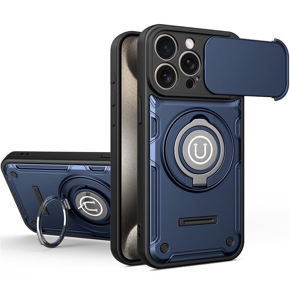 For iPhone 15 Pro Max Case with Slide Camera Cover Ring Kickstand PC + TPU Phone Shell