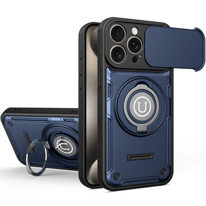For iPhone 15 Pro Max Case with Slide Camera Cover Ring Kickstand PC + TPU Phone Shell