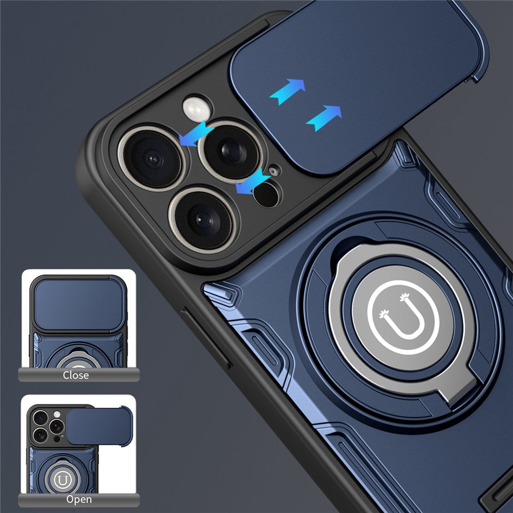 For iPhone 15 Pro Max Case with Slide Camera Cover Ring Kickstand PC + TPU Phone Shell