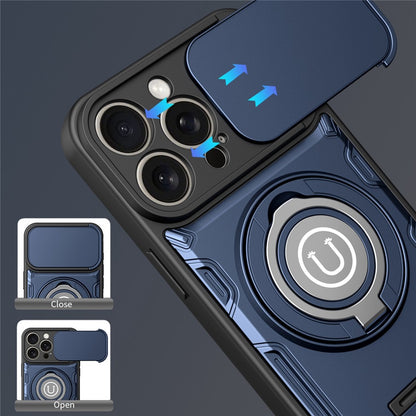 For iPhone 15 Pro Max Case with Slide Camera Cover Ring Kickstand PC + TPU Phone Shell