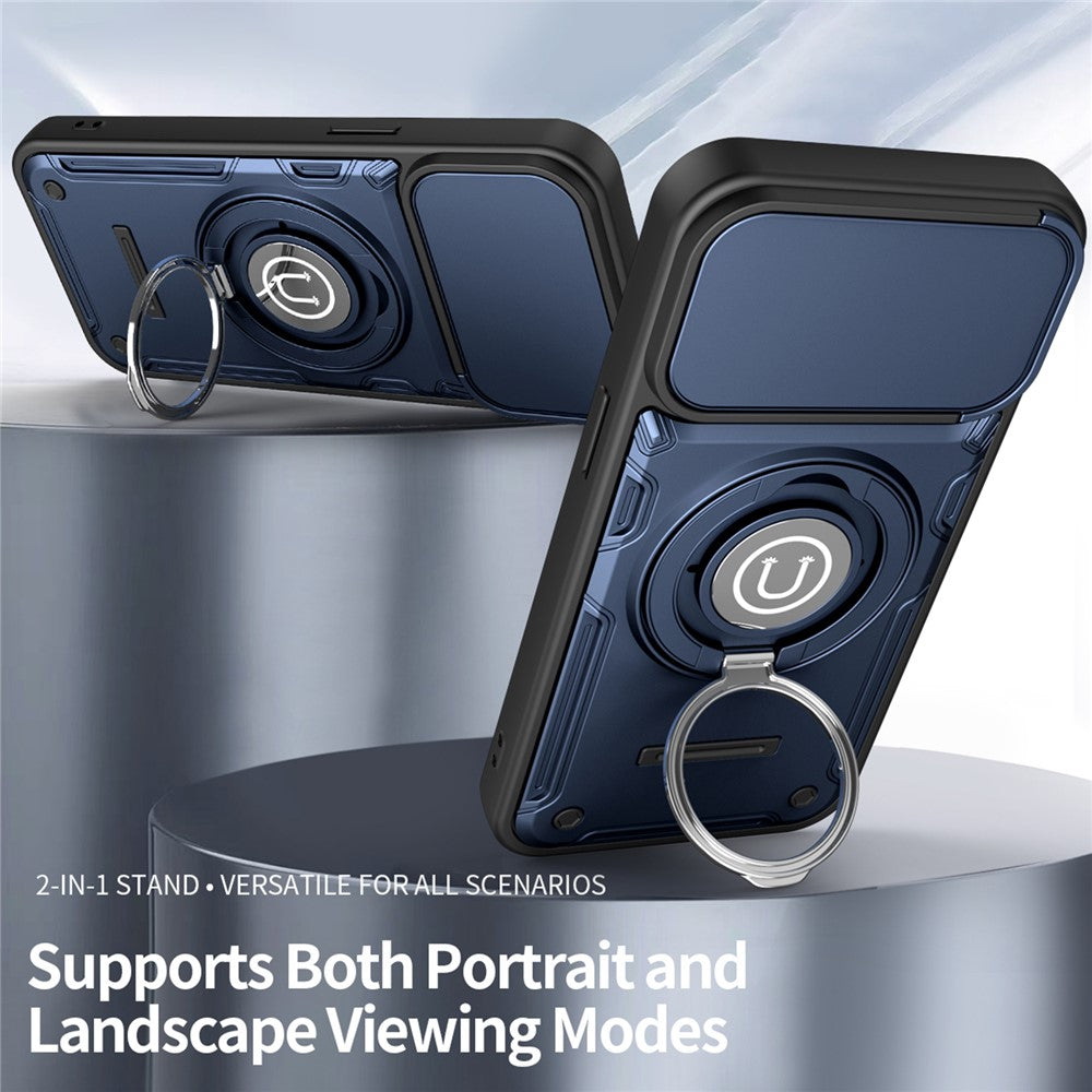 For iPhone 15 Pro Max Case with Slide Camera Cover Ring Kickstand PC + TPU Phone Shell