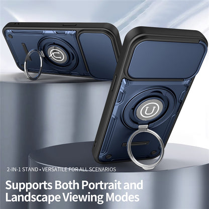 For iPhone 15 Pro Max Case with Slide Camera Cover Ring Kickstand PC + TPU Phone Shell