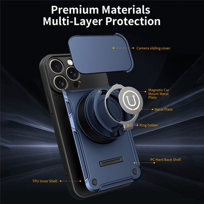 For iPhone 15 Pro Max Case with Slide Camera Cover Ring Kickstand PC + TPU Phone Shell