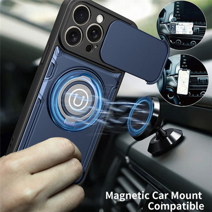 For iPhone 15 Pro Max Case with Slide Camera Cover Ring Kickstand PC + TPU Phone Shell