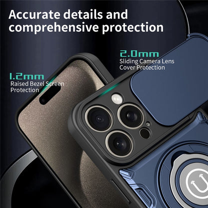 For iPhone 15 Pro Max Case with Slide Camera Cover Ring Kickstand PC + TPU Phone Shell