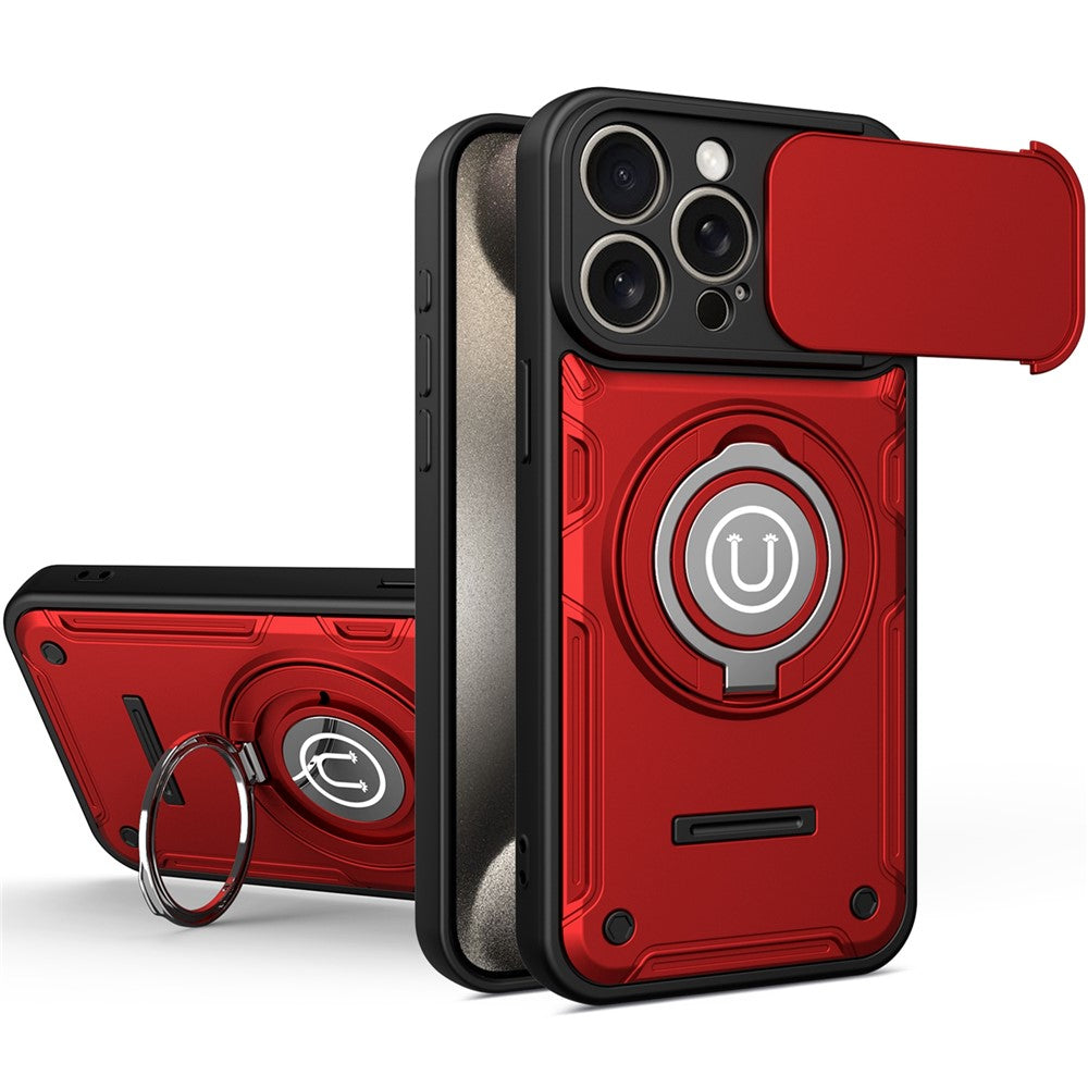 For iPhone 15 Pro Max Case with Slide Camera Cover Ring Kickstand PC + TPU Phone Shell