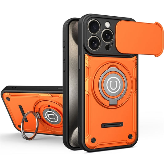 For iPhone 15 Pro Max Case with Slide Camera Cover Ring Kickstand PC + TPU Phone Shell