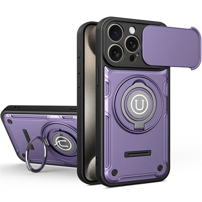 For iPhone 15 Pro Max Case with Slide Camera Cover Ring Kickstand PC + TPU Phone Shell