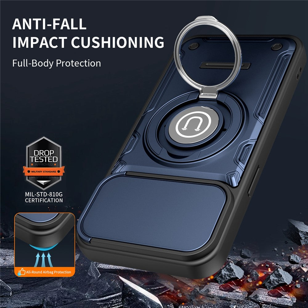 For iPhone 15 Pro Case with Slide Camera Cover Ring Kickstand PC + TPU Phone Shell