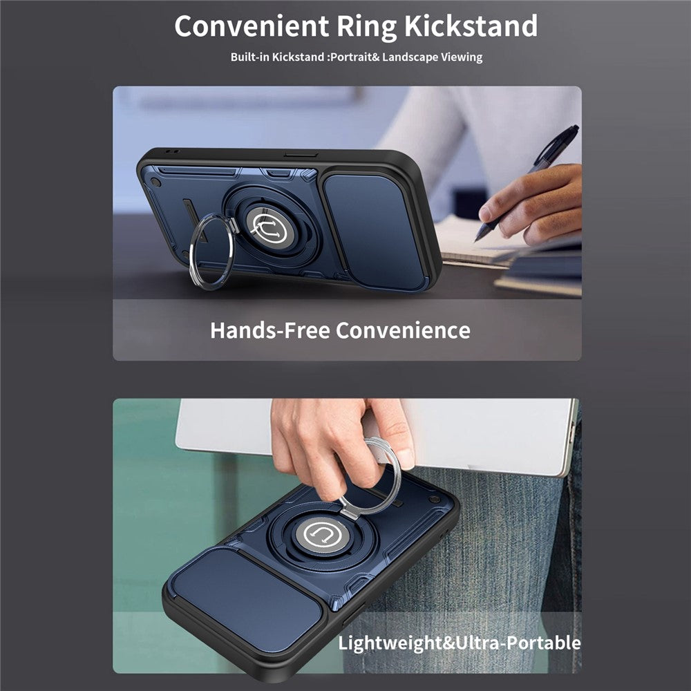 For iPhone 15 Pro Case with Slide Camera Cover Ring Kickstand PC + TPU Phone Shell