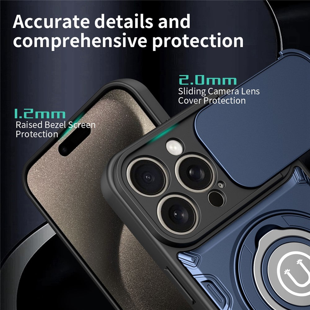 For iPhone 15 Pro Case with Slide Camera Cover Ring Kickstand PC + TPU Phone Shell