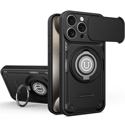 For iPhone 15 Pro Case with Slide Camera Cover Ring Kickstand PC + TPU Phone Shell