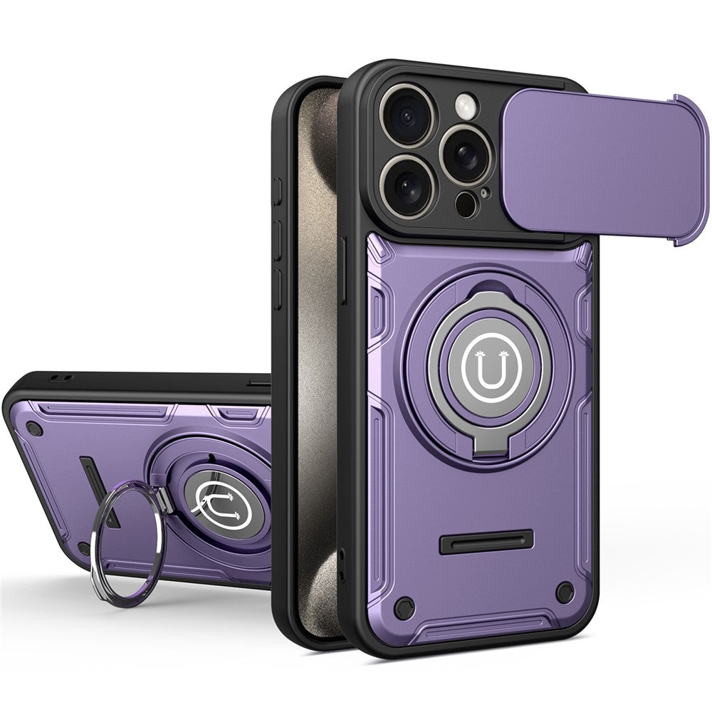 For iPhone 15 Pro Case with Slide Camera Cover Ring Kickstand PC + TPU Phone Shell