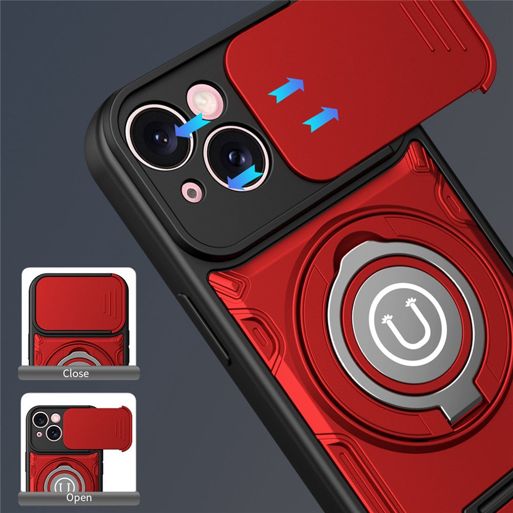 For iPhone 15 Case with Slide Camera Cover Ring Kickstand PC + TPU Phone Shell
