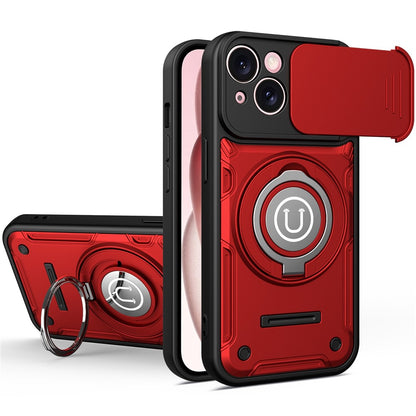 For iPhone 15 Case with Slide Camera Cover Ring Kickstand PC + TPU Phone Shell