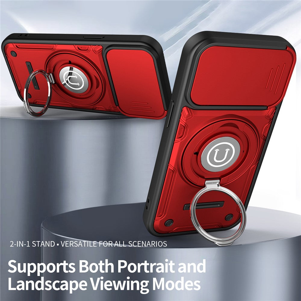 For iPhone 15 Case with Slide Camera Cover Ring Kickstand PC + TPU Phone Shell