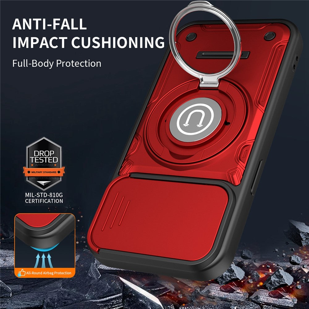 For iPhone 15 Case with Slide Camera Cover Ring Kickstand PC + TPU Phone Shell