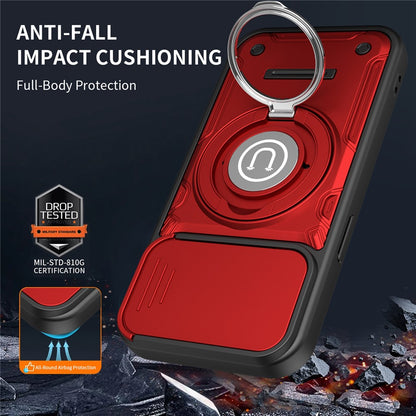 For iPhone 15 Case with Slide Camera Cover Ring Kickstand PC + TPU Phone Shell