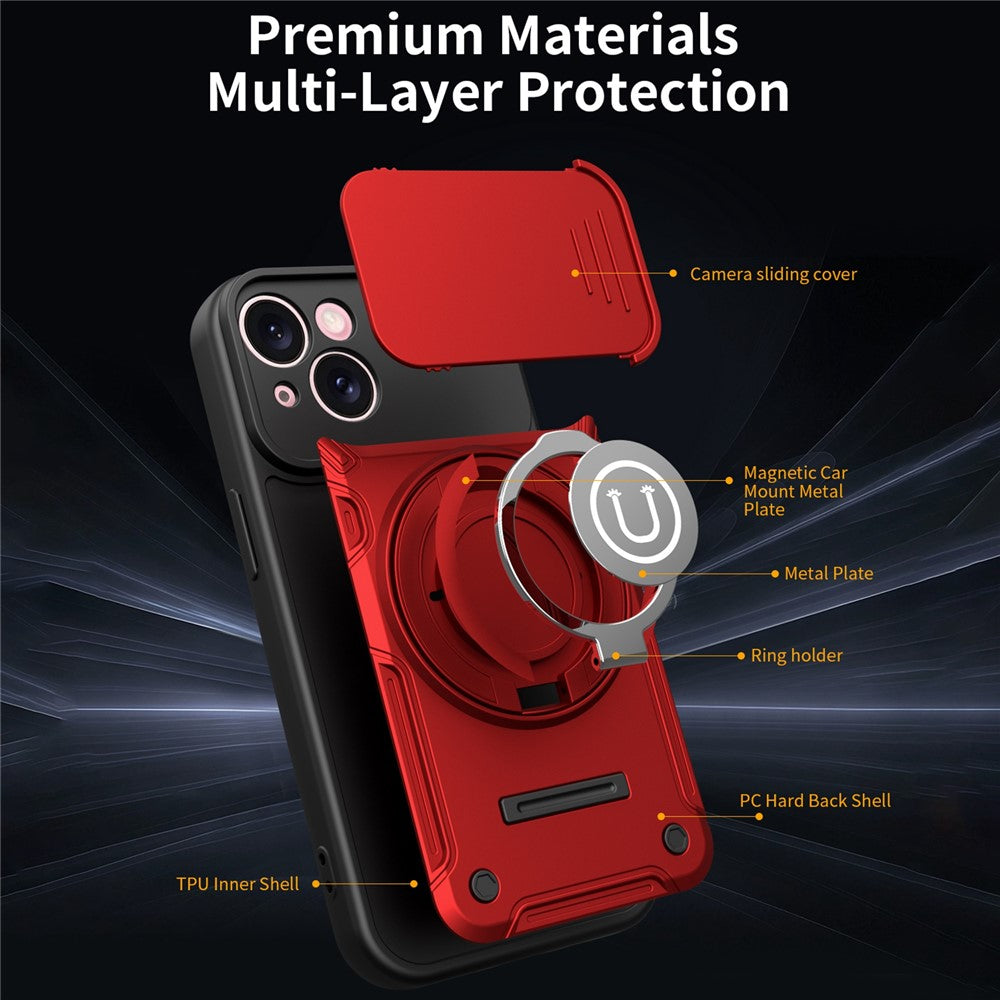 For iPhone 15 Case with Slide Camera Cover Ring Kickstand PC + TPU Phone Shell