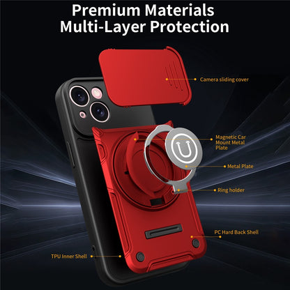 For iPhone 15 Case with Slide Camera Cover Ring Kickstand PC + TPU Phone Shell