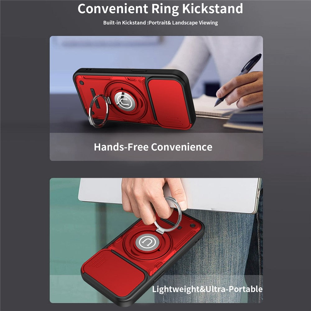 For iPhone 15 Case with Slide Camera Cover Ring Kickstand PC + TPU Phone Shell