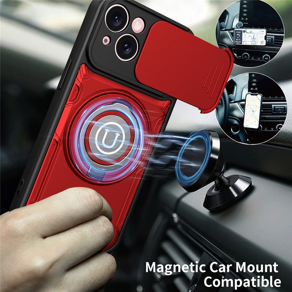 For iPhone 15 Case with Slide Camera Cover Ring Kickstand PC + TPU Phone Shell