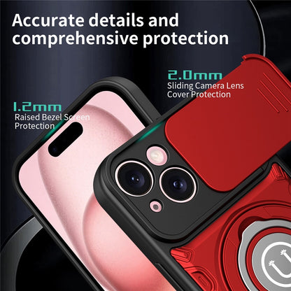 For iPhone 15 Case with Slide Camera Cover Ring Kickstand PC + TPU Phone Shell
