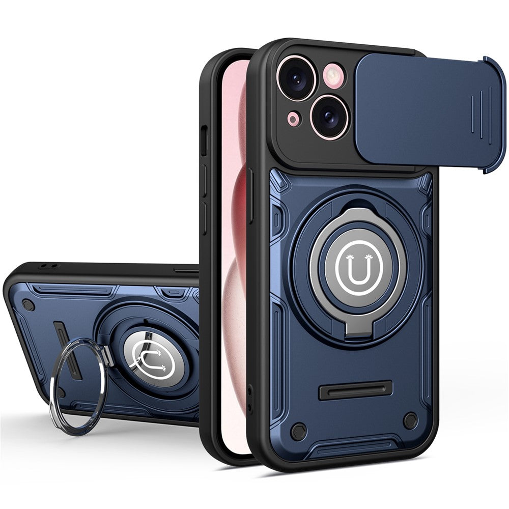 For iPhone 15 Case with Slide Camera Cover Ring Kickstand PC + TPU Phone Shell