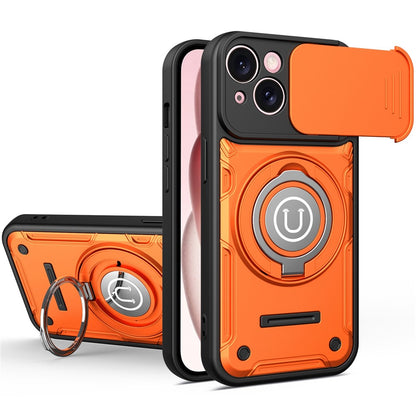 For iPhone 15 Case with Slide Camera Cover Ring Kickstand PC + TPU Phone Shell