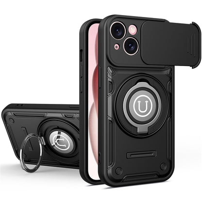 For iPhone 15 Case with Slide Camera Cover Ring Kickstand PC + TPU Phone Shell