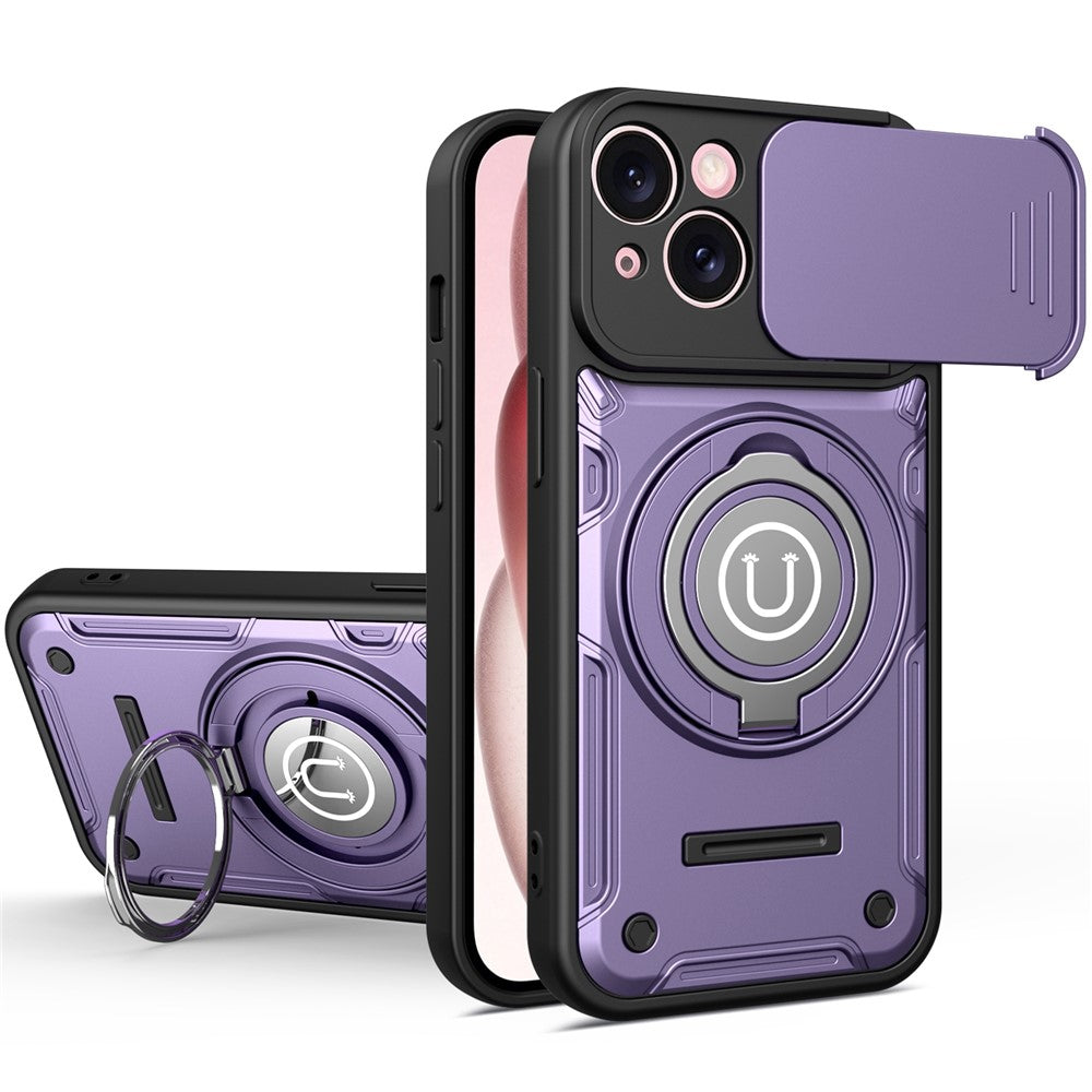 For iPhone 15 Case with Slide Camera Cover Ring Kickstand PC + TPU Phone Shell