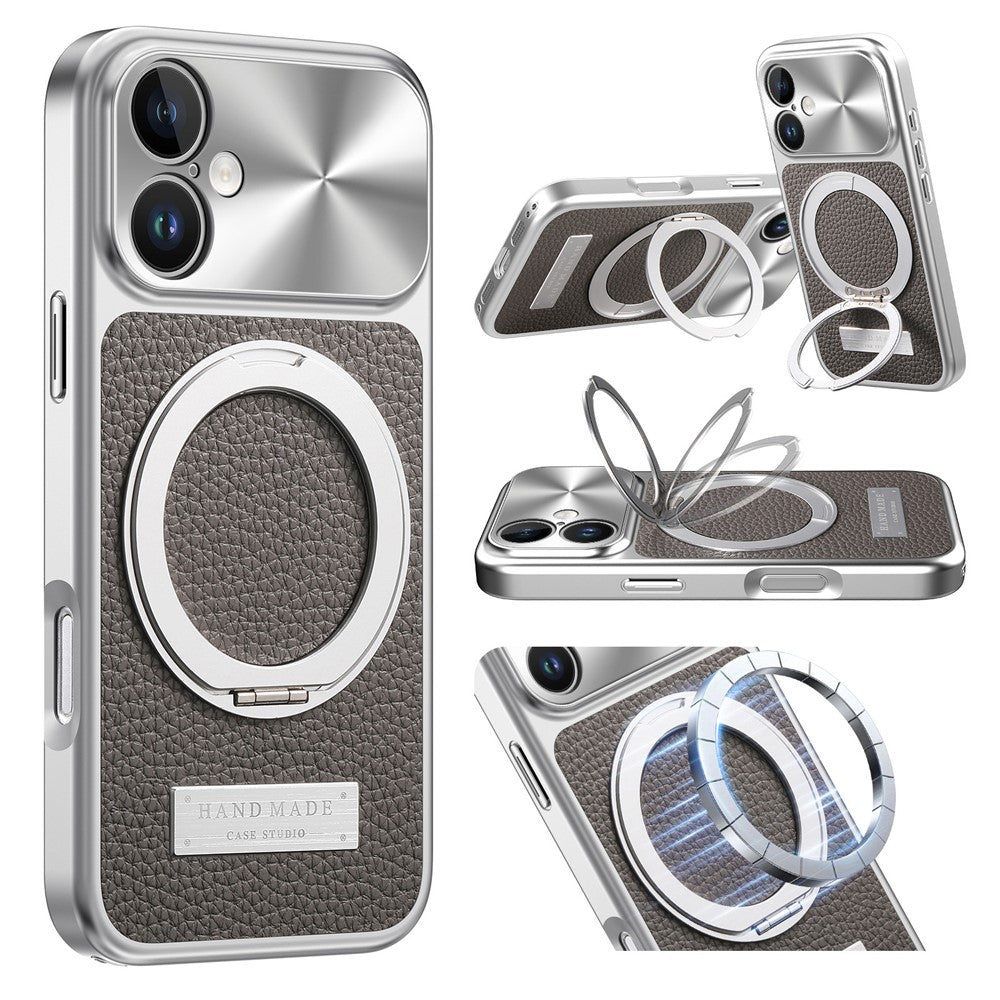 For iPhone 16 Magnetic Case Kickstand TPU+PC+PU Leather Litchi Texture Phone Back Cover