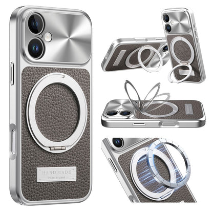 For iPhone 16 Magnetic Case Kickstand TPU+PC+PU Leather Litchi Texture Phone Back Cover