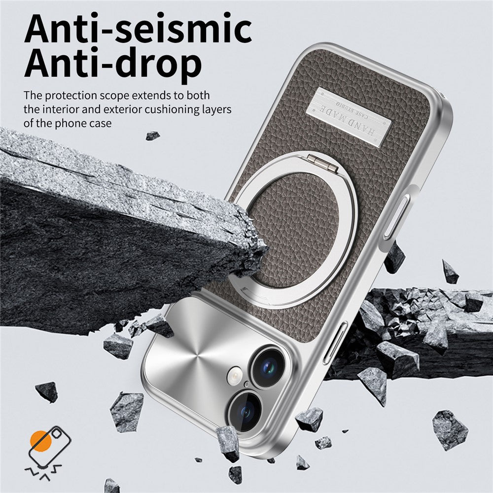 For iPhone 16 Magnetic Case Kickstand TPU+PC+PU Leather Litchi Texture Phone Back Cover