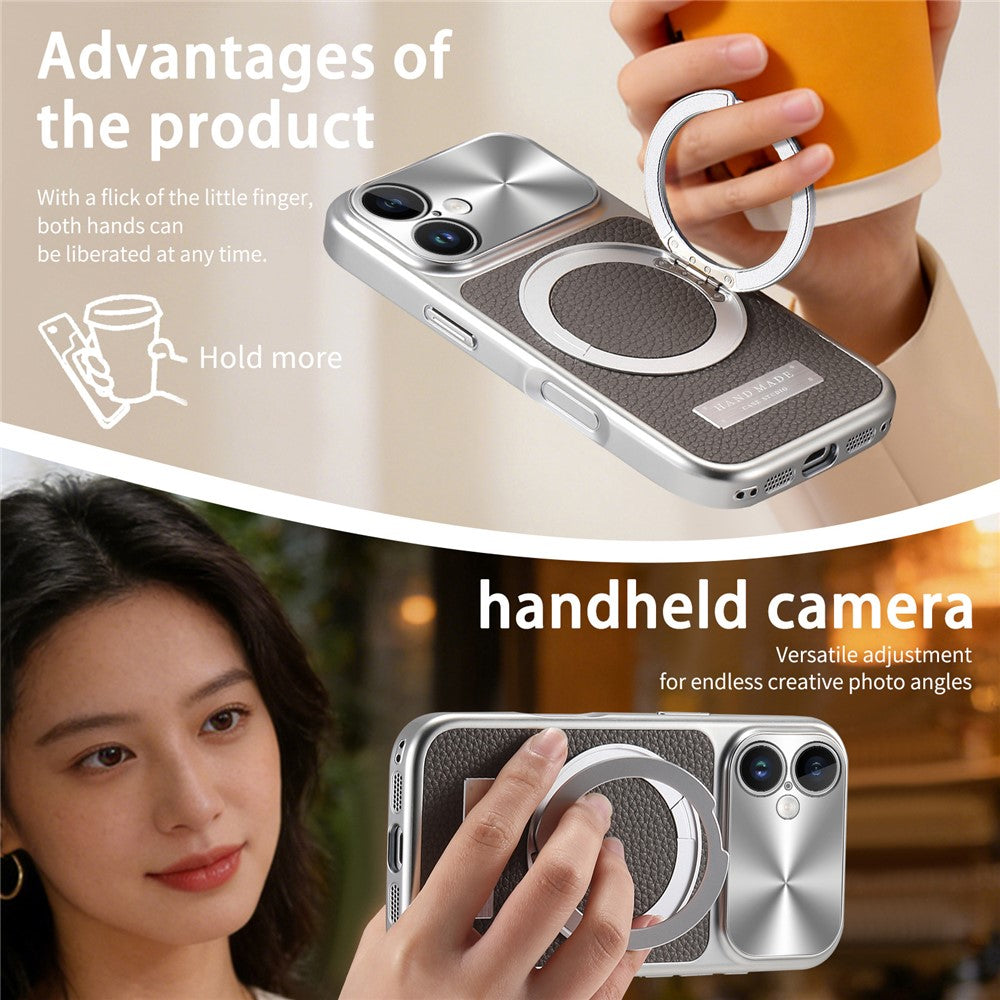 For iPhone 16 Magnetic Case Kickstand TPU+PC+PU Leather Litchi Texture Phone Back Cover