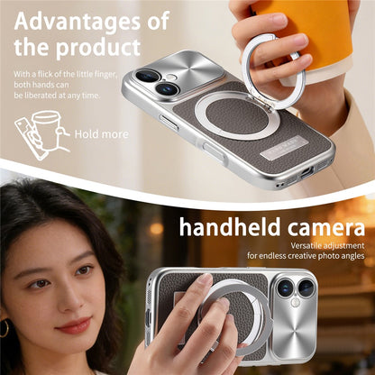 For iPhone 16 Magnetic Case Kickstand TPU+PC+PU Leather Litchi Texture Phone Back Cover