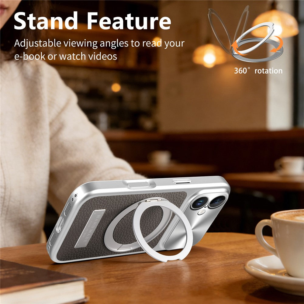 For iPhone 16 Magnetic Case Kickstand TPU+PC+PU Leather Litchi Texture Phone Back Cover
