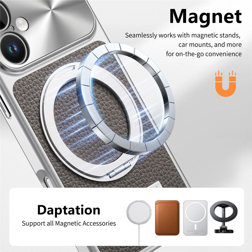 For iPhone 16 Magnetic Case Kickstand TPU+PC+PU Leather Litchi Texture Phone Back Cover
