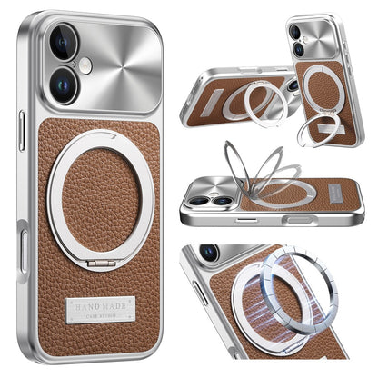For iPhone 16 Magnetic Case Kickstand TPU+PC+PU Leather Litchi Texture Phone Back Cover