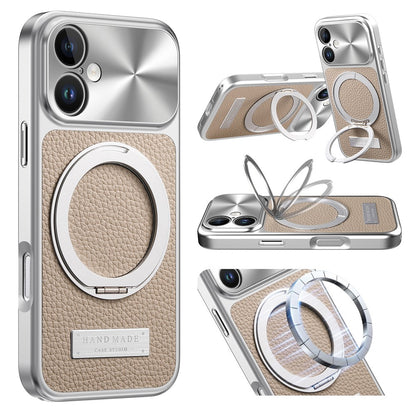 For iPhone 16 Magnetic Case Kickstand TPU+PC+PU Leather Litchi Texture Phone Back Cover