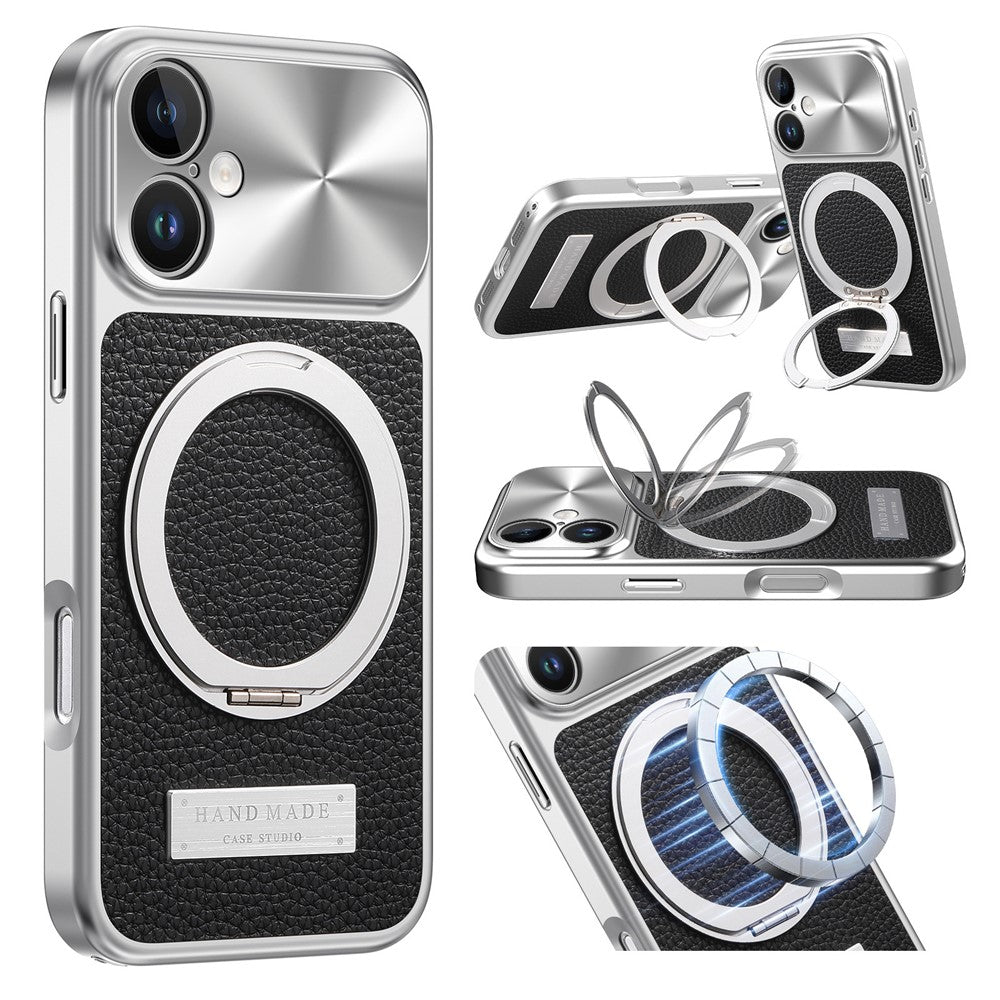For iPhone 16 Magnetic Case Kickstand TPU+PC+PU Leather Litchi Texture Phone Back Cover