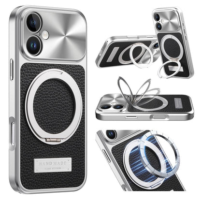 For iPhone 16 Magnetic Case Kickstand TPU+PC+PU Leather Litchi Texture Phone Back Cover