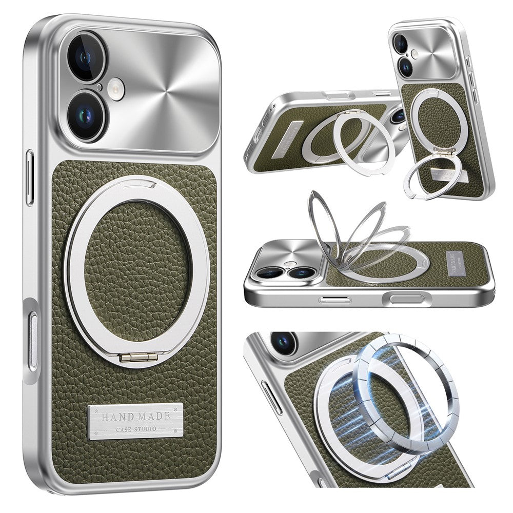 For iPhone 16 Magnetic Case Kickstand TPU+PC+PU Leather Litchi Texture Phone Back Cover