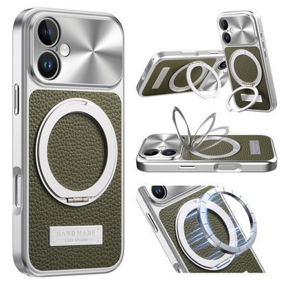 For iPhone 16 Magnetic Case Kickstand TPU+PC+PU Leather Litchi Texture Phone Back Cover