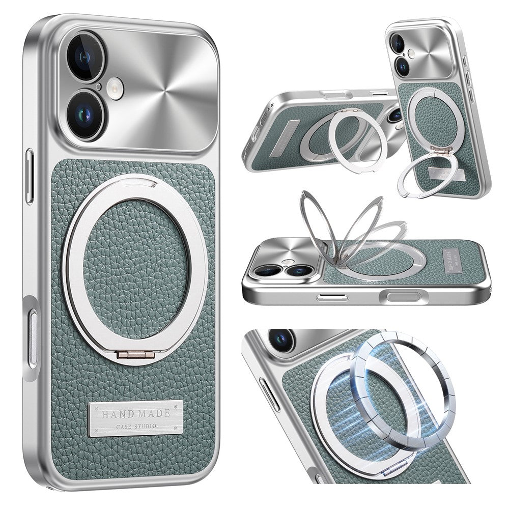 For iPhone 16 Magnetic Case Kickstand TPU+PC+PU Leather Litchi Texture Phone Back Cover