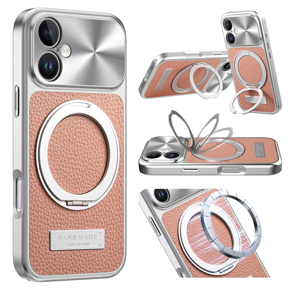 For iPhone 16 Magnetic Case Kickstand TPU+PC+PU Leather Litchi Texture Phone Back Cover