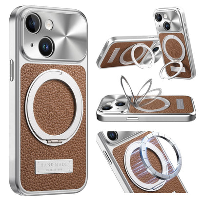 For iPhone 15 Magnetic Case Kickstand TPU+PC+PU Leather Litchi Texture Phone Back Cover